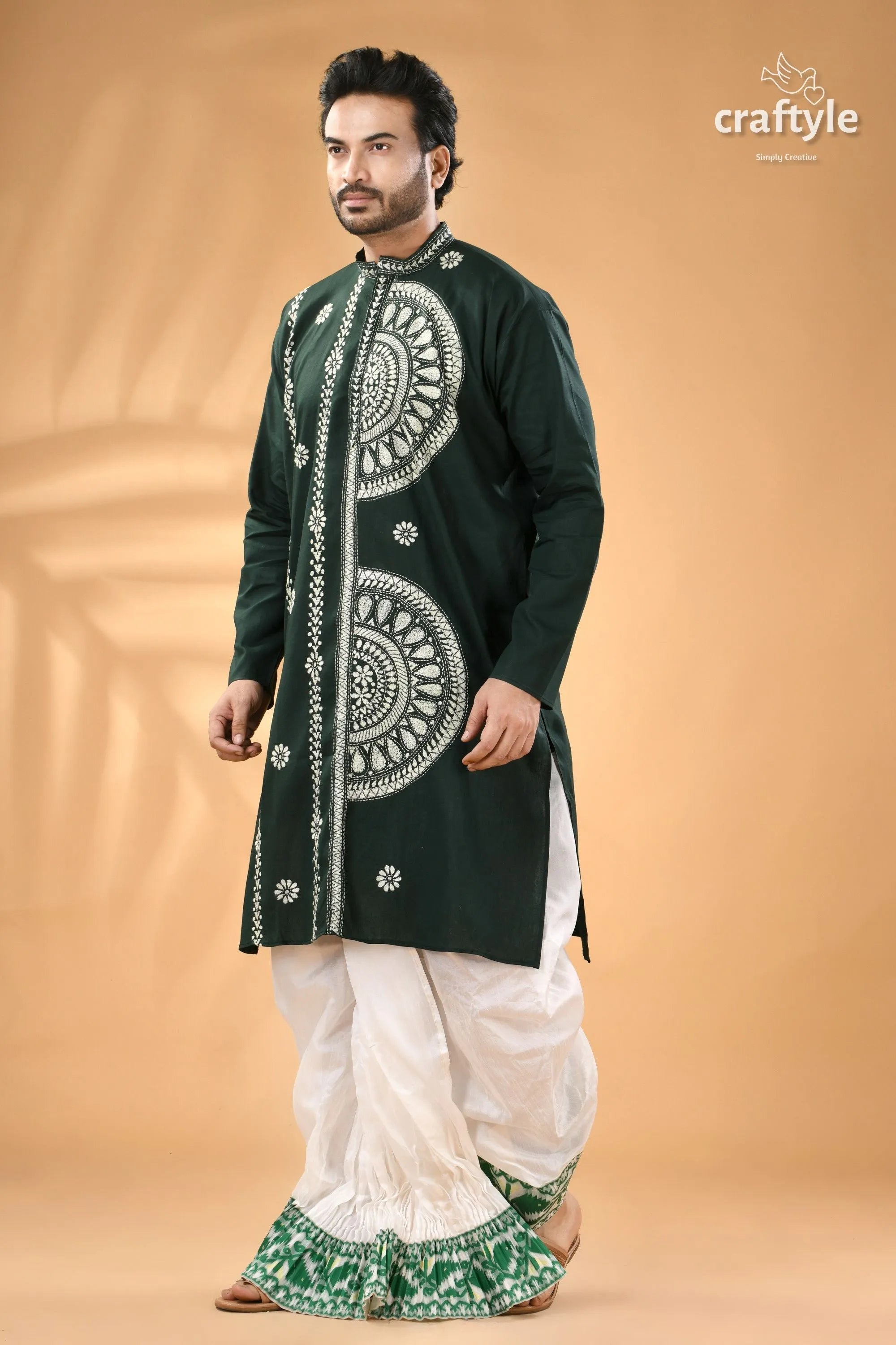 Tiber green exquisite kantha stitch cotton kurta for men men’s dark green long-sleeved kurta 5