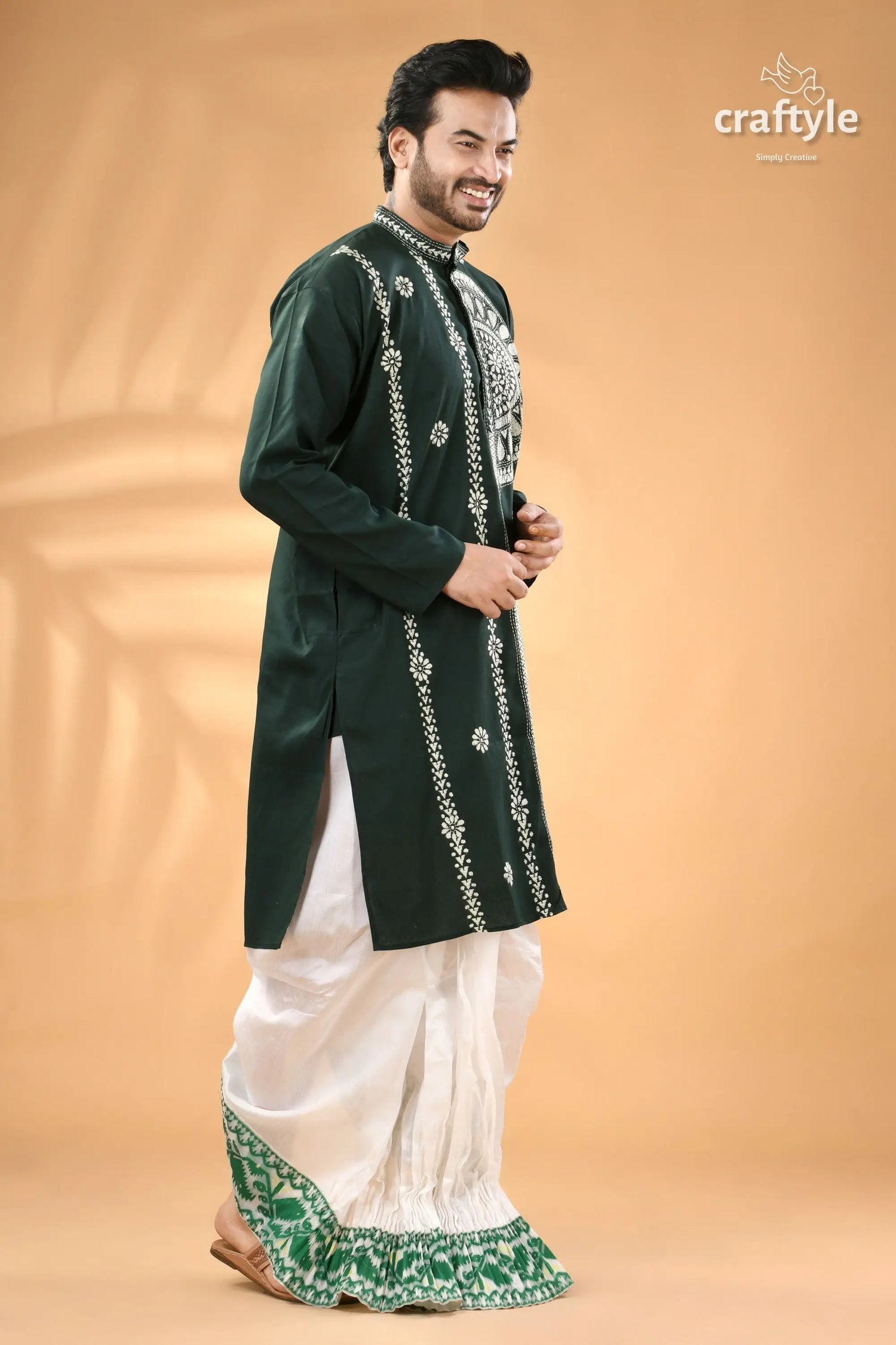 Tiber green exquisite kantha stitch cotton kurta for men man dark green embroidered kurta 4