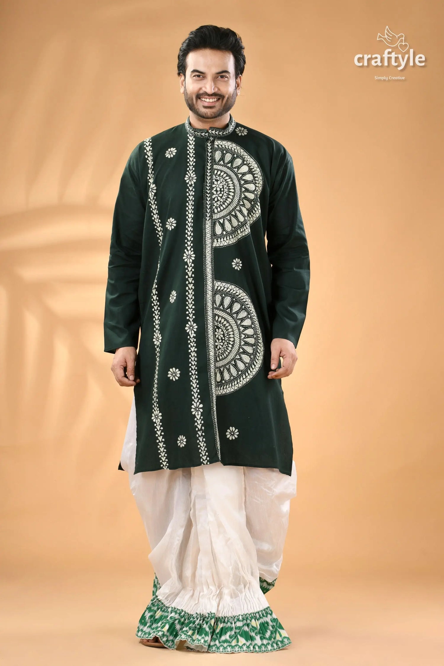 Tiber green exquisite kantha stitch cotton kurta for men dark green embroidered kurta white 1