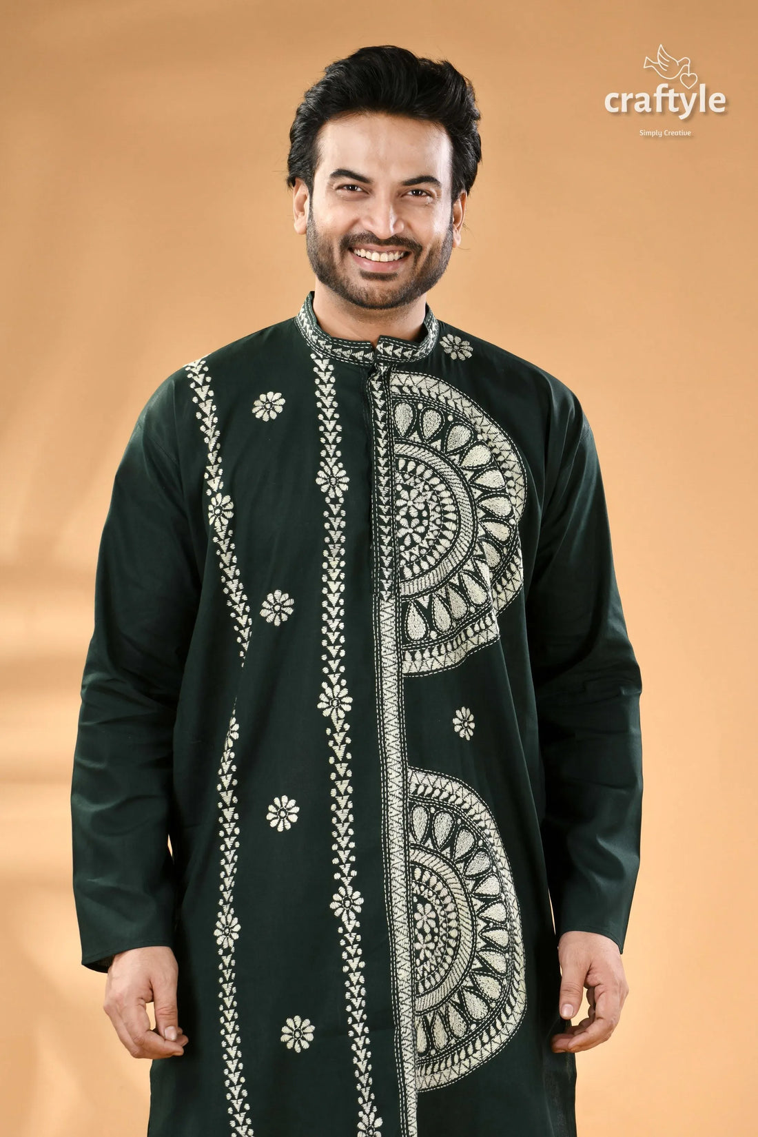Tiber green exquisite kantha stitch cotton kurta for men man dark green kurta elaborate 2