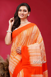 Tiger orange shibori cotton handwoven saree - perfect for summer orange white patterned saree 2