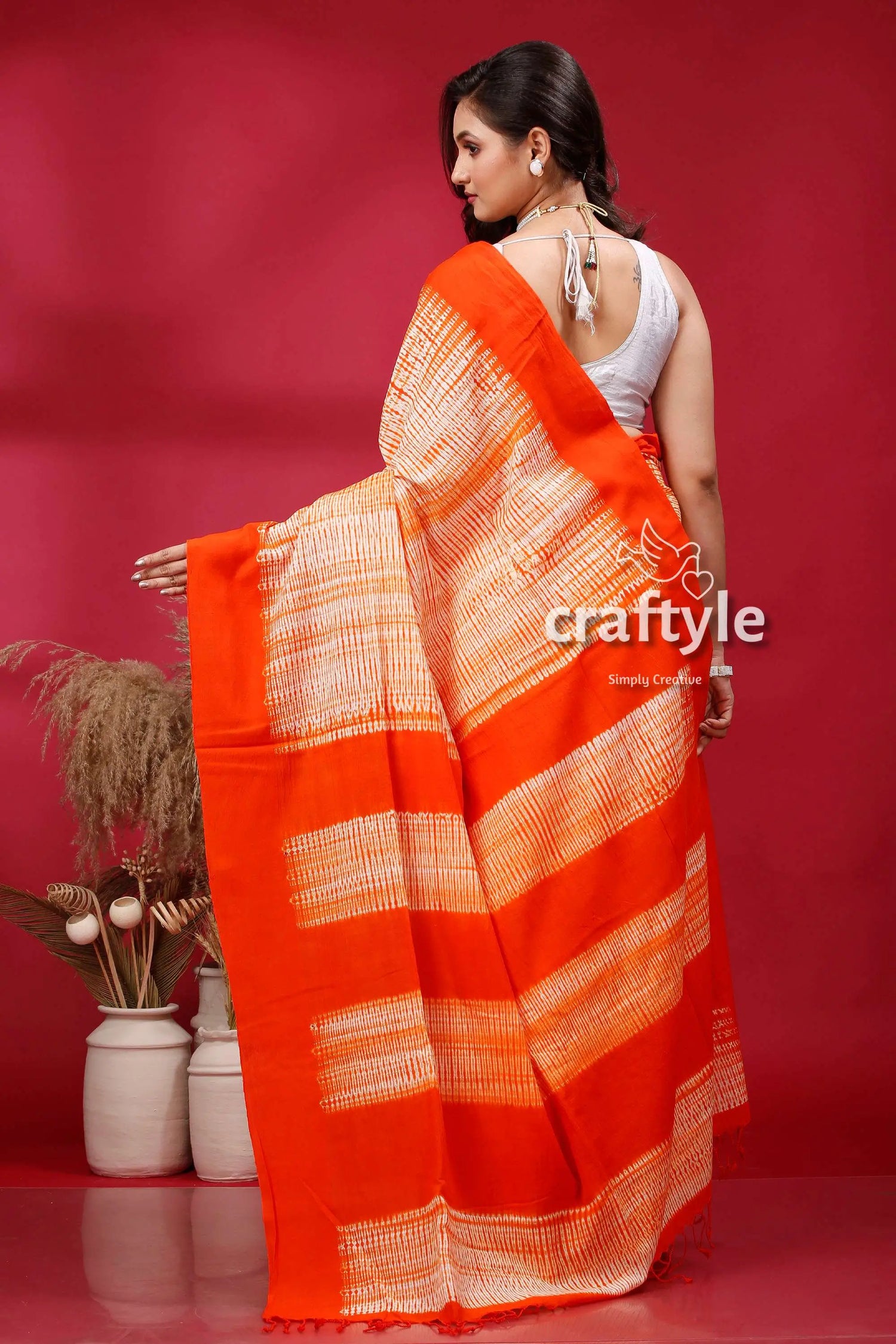 Tiger orange shibori cotton handwoven saree - perfect for summer orange white patterned saree 5