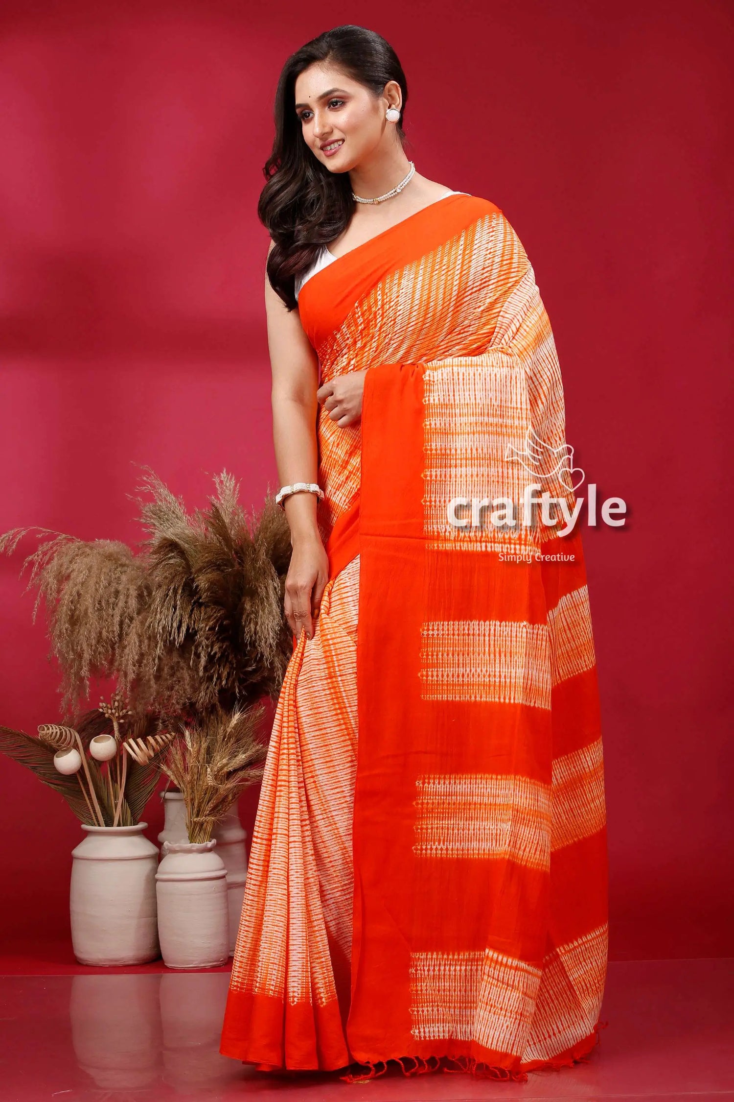Tiger orange shibori cotton handwoven saree - perfect for summer orange white patterned saree 3