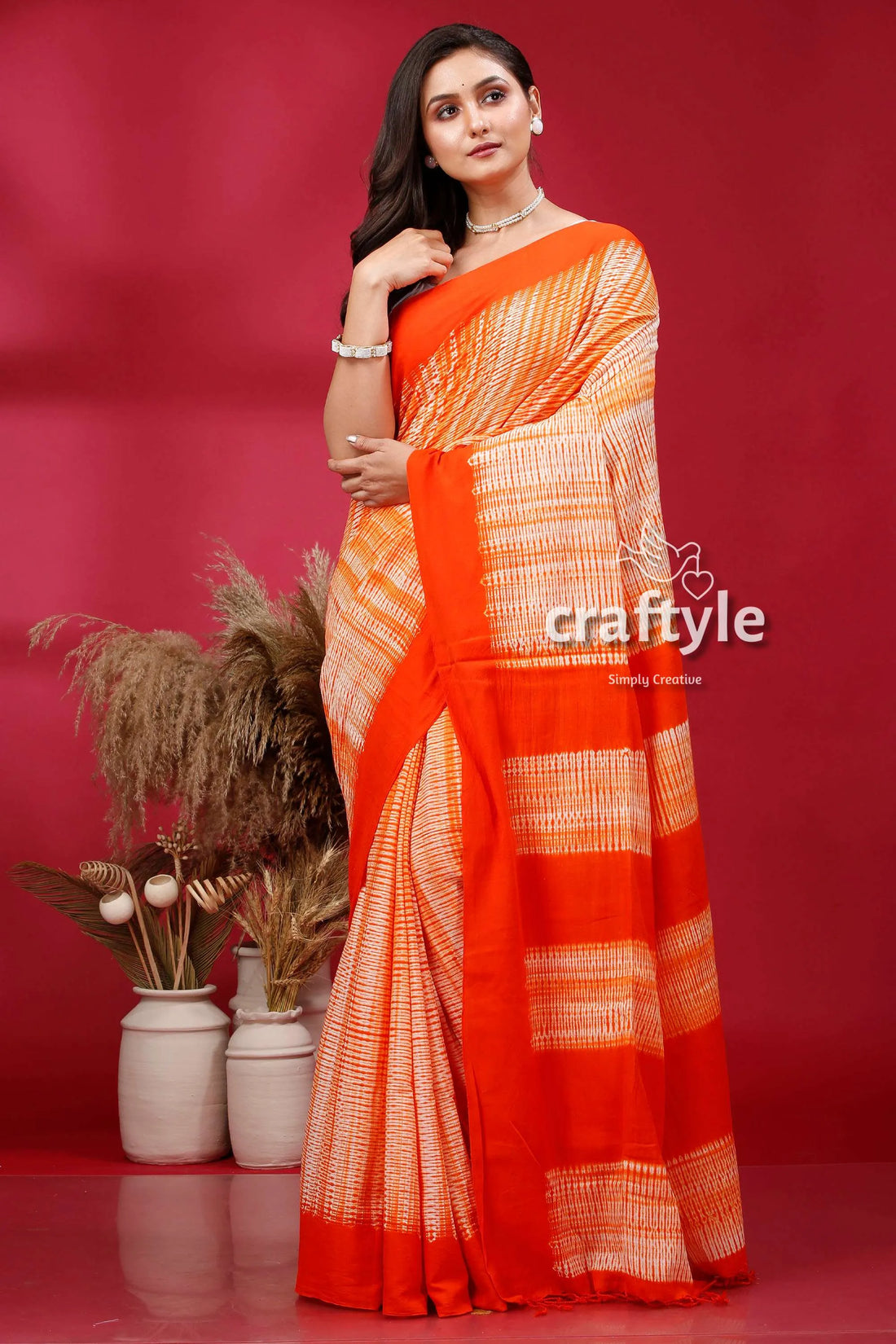 Tiger orange shibori cotton handwoven saree - perfect for summer woman white 1