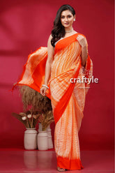 Tiger orange shibori cotton handwoven saree - perfect for summer orange white patterned saree 4