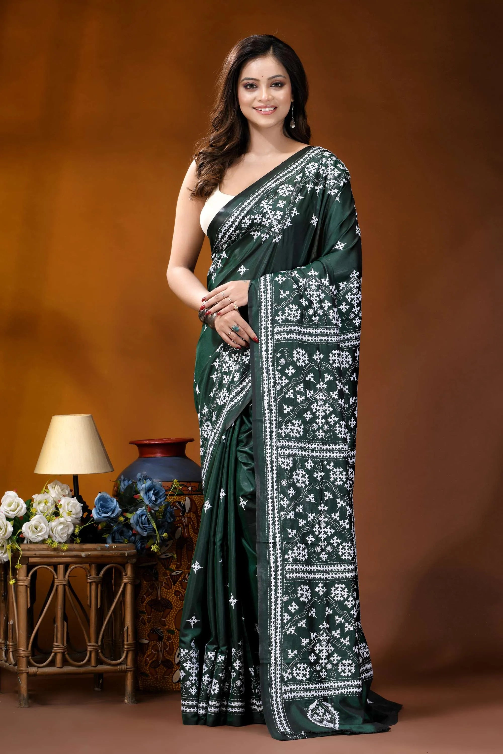 Timber green ethnic motif handcrafted gujrati stitch silk saree dark green silk saree adorned 1