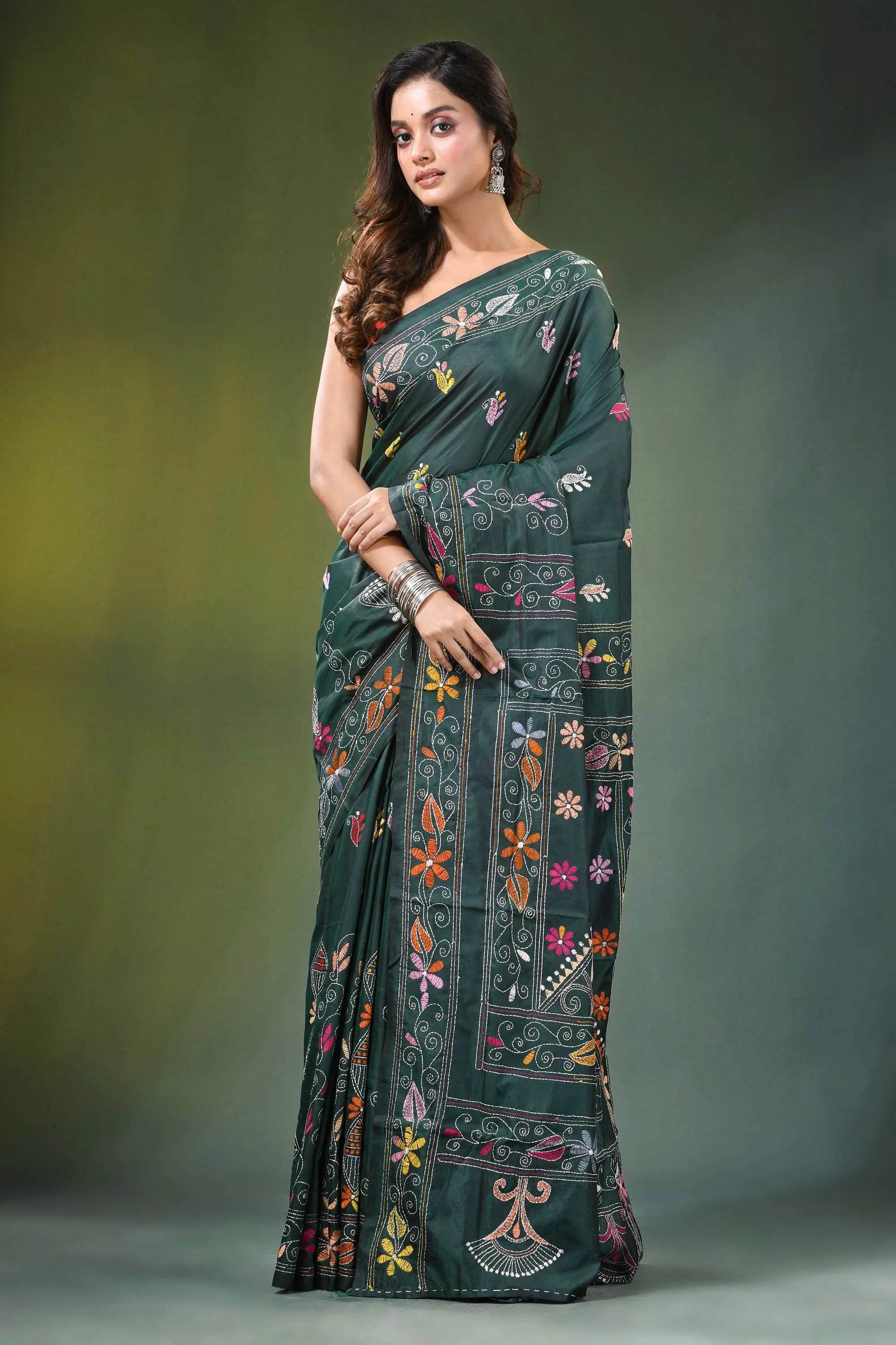 Timber green hand embroidered multicolor floral kantha silk saree dark adorned 6