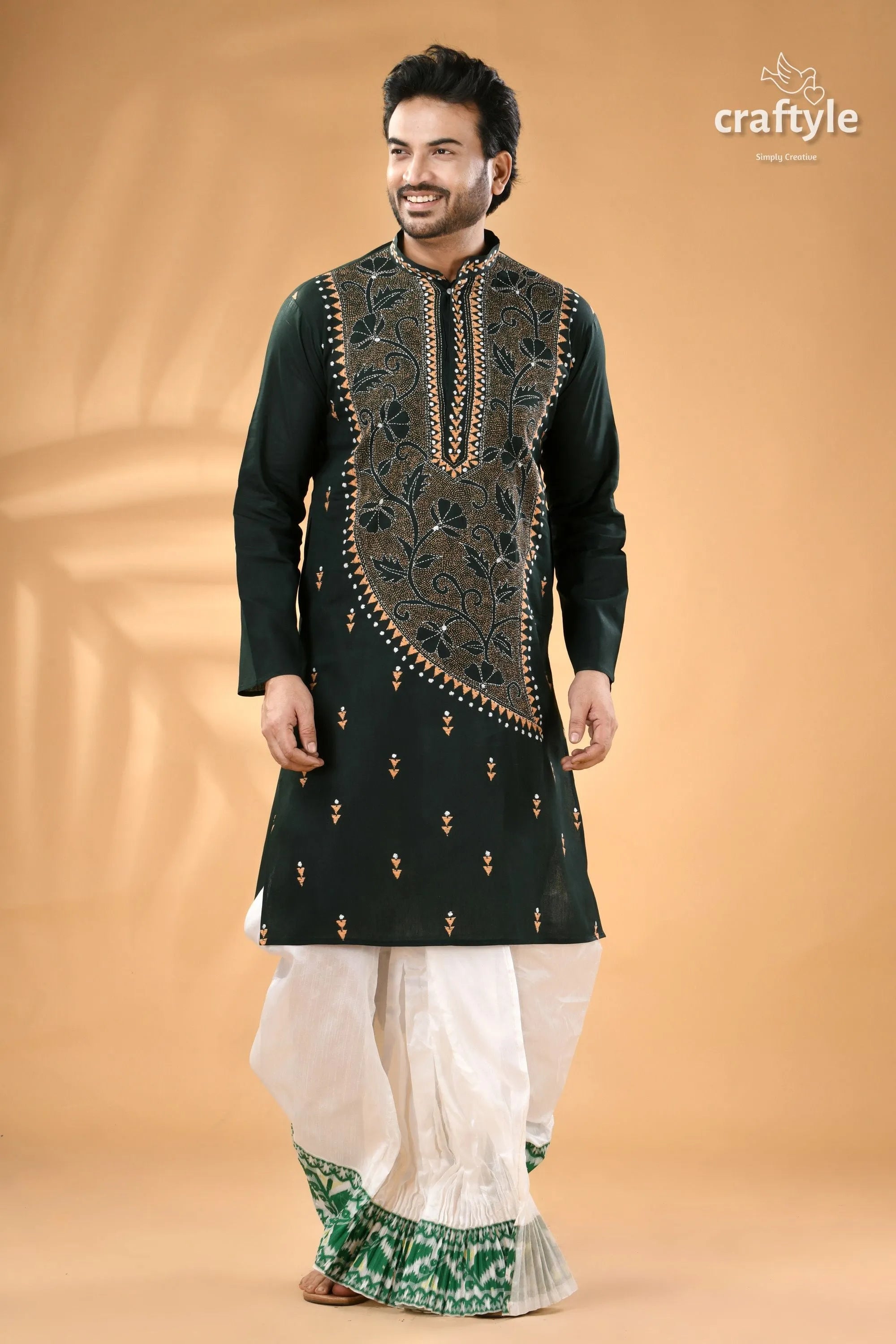 Timber green kantha hand embroidered gents kurta - reverse stitch men’s dark long-sleeved 1