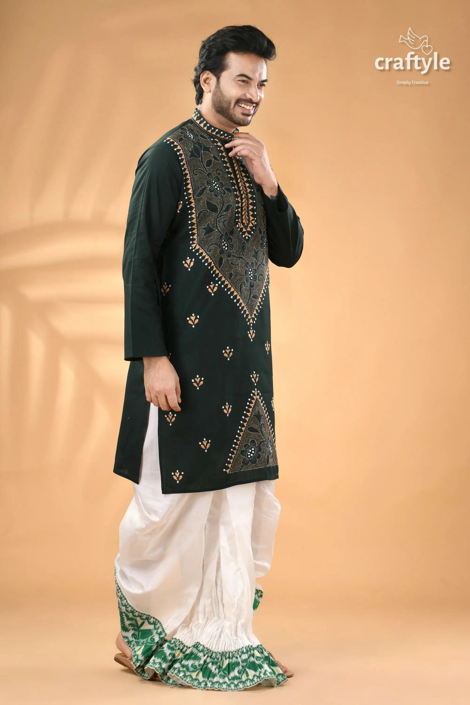 Timber green kantha work cotton kurta for men reverse stitch men’s dark green embroidered kurta 3