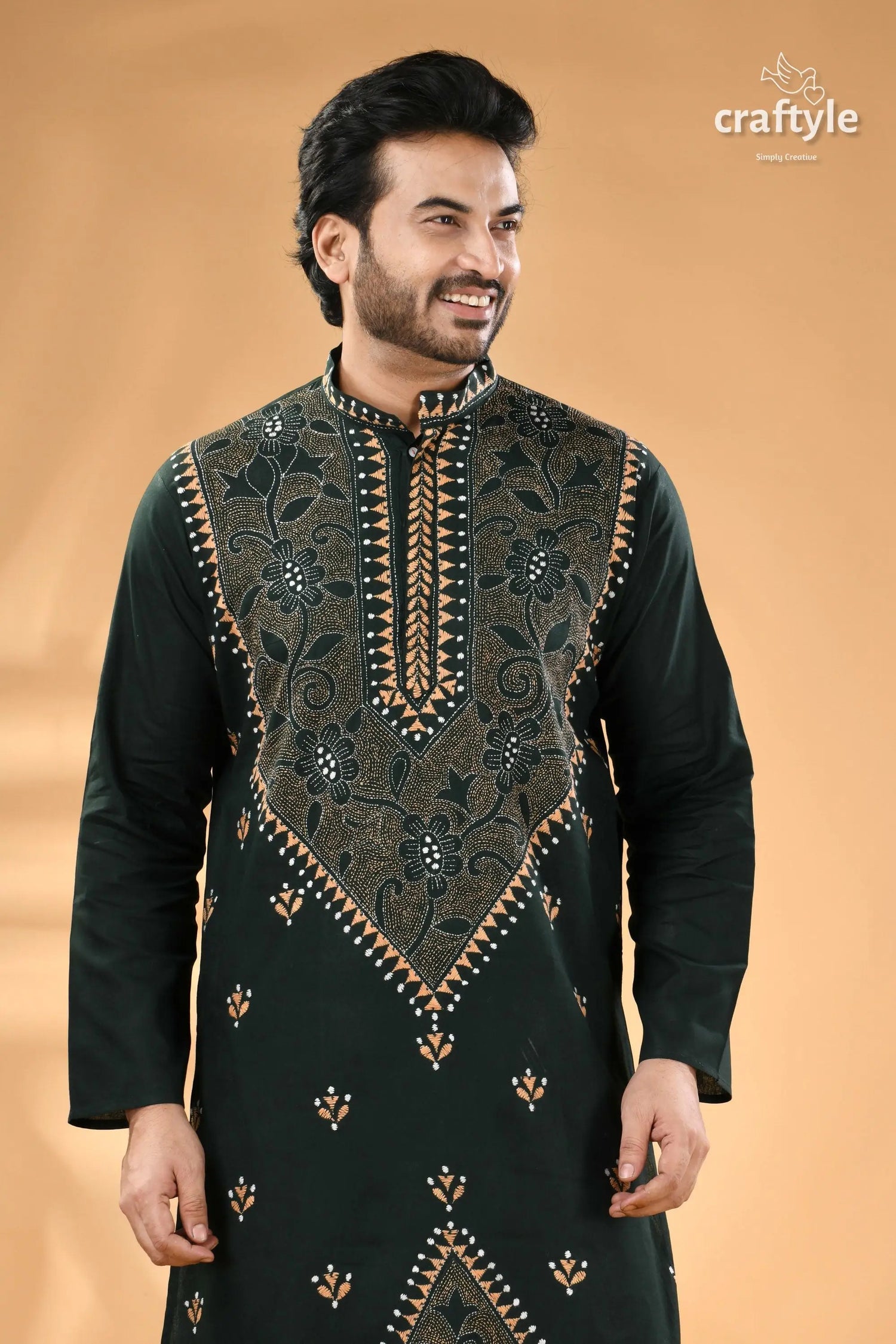 Timber green kantha work cotton kurta for men reverse stitch men’s dark green long sleeved kurta 2