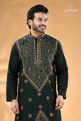 Timber green kantha work cotton kurta for men reverse stitch men’s dark green long sleeved kurta 2