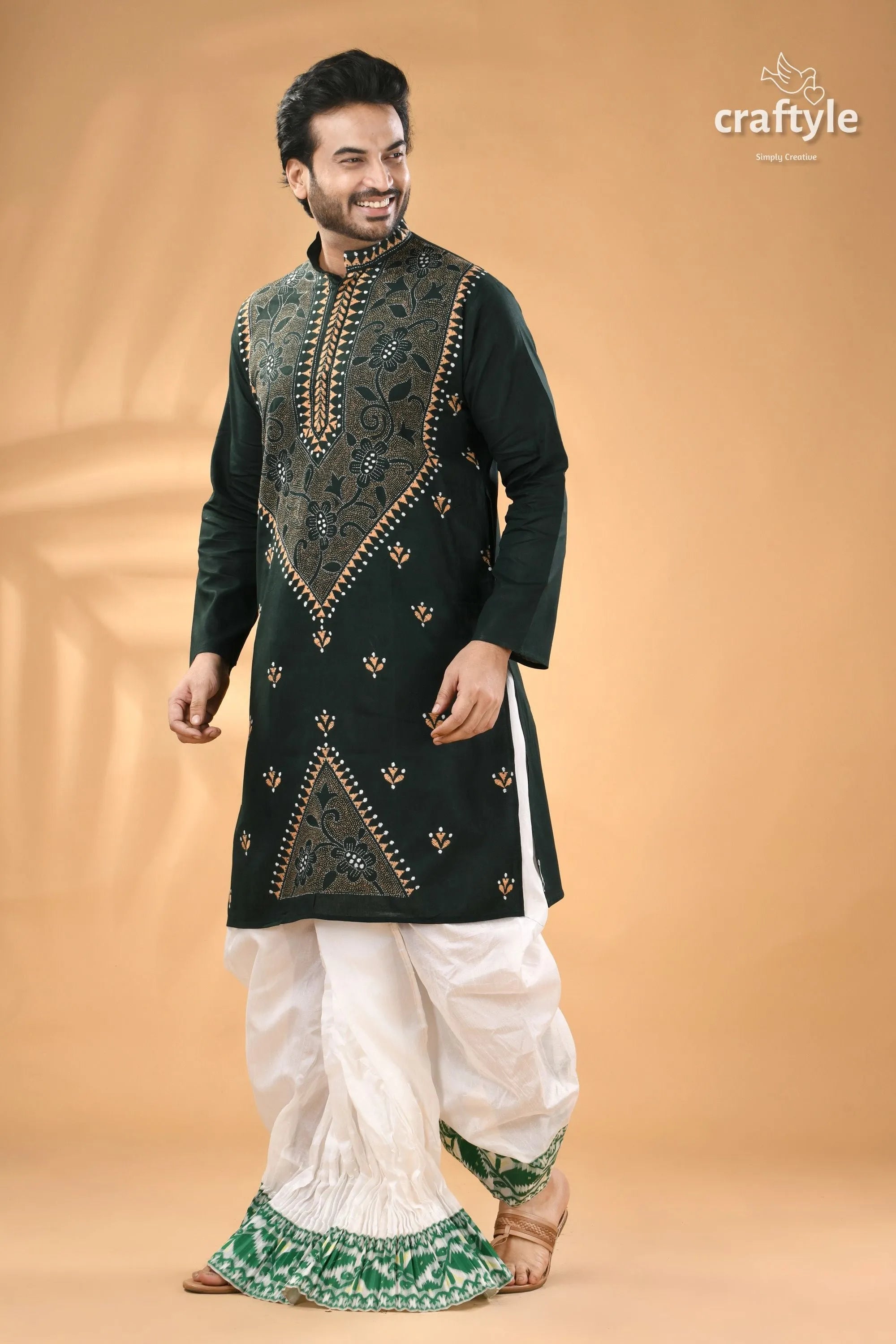 Timber green kantha work cotton kurta for men - reverse stitch men’s dark embroidered 4