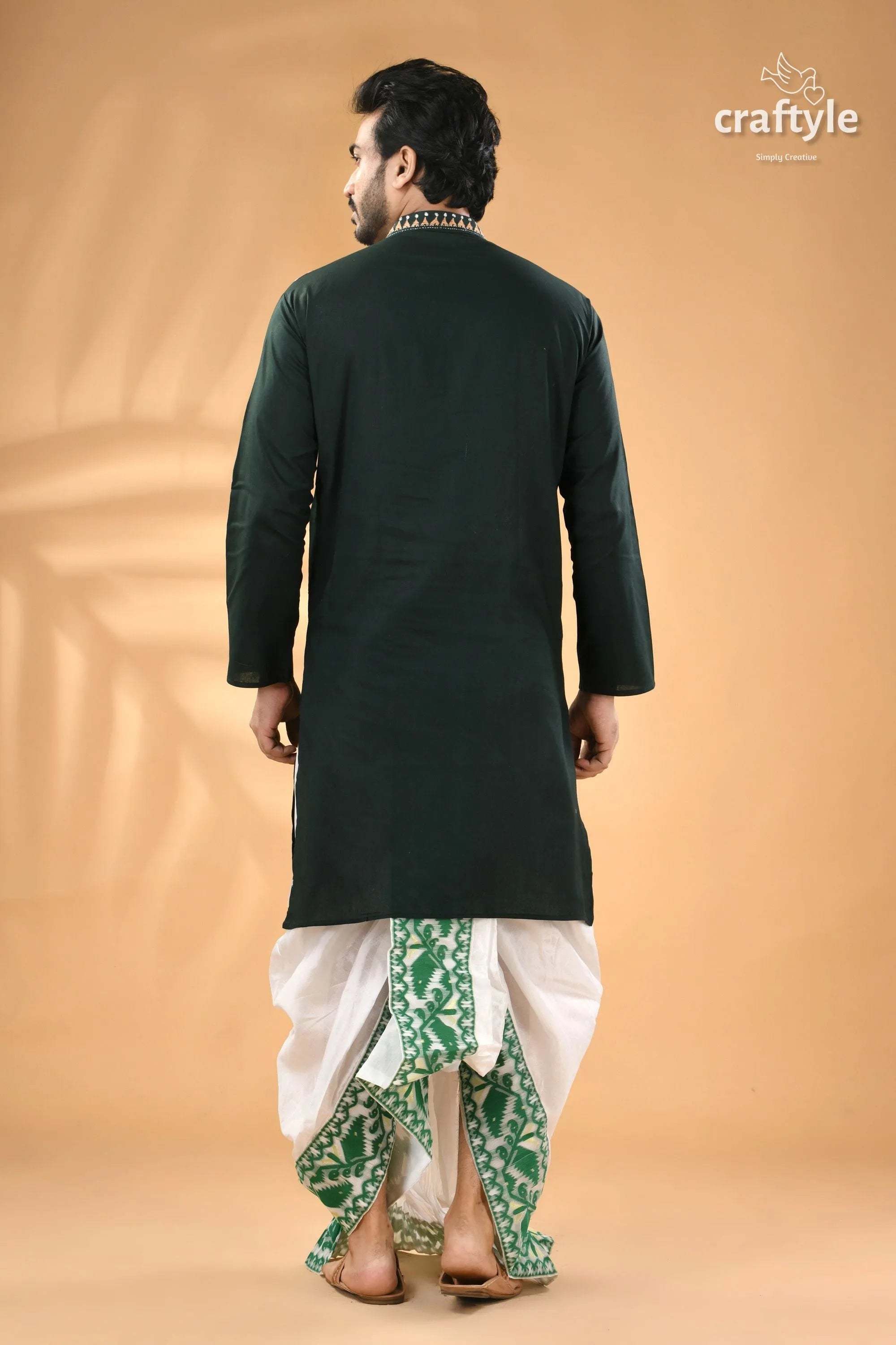 Timber green kantha work cotton kurta for men - reverse stitch men’s dark white 6