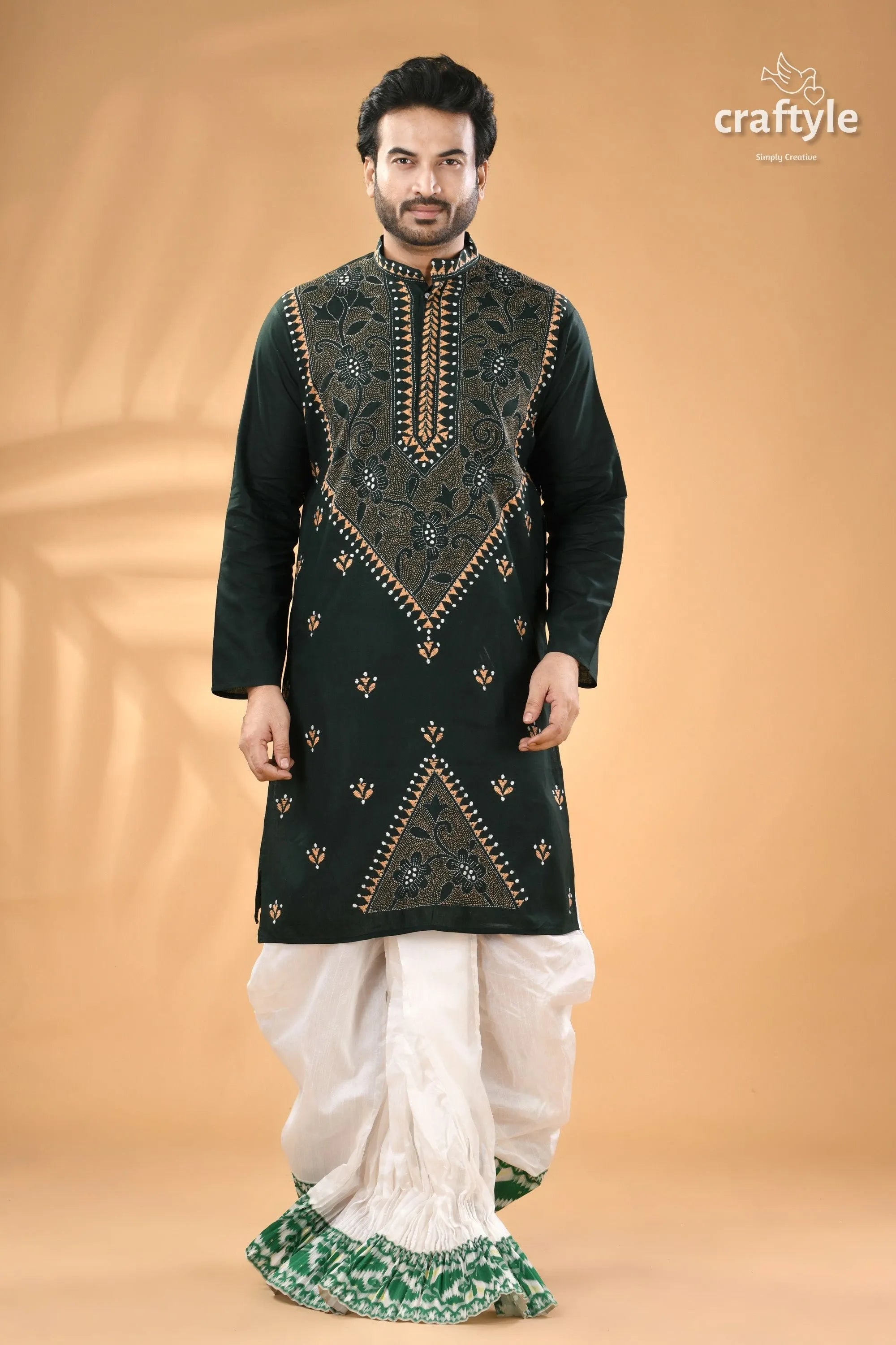 Timber green kantha work cotton kurta for men - reverse stitch men’s dark embroidered 5