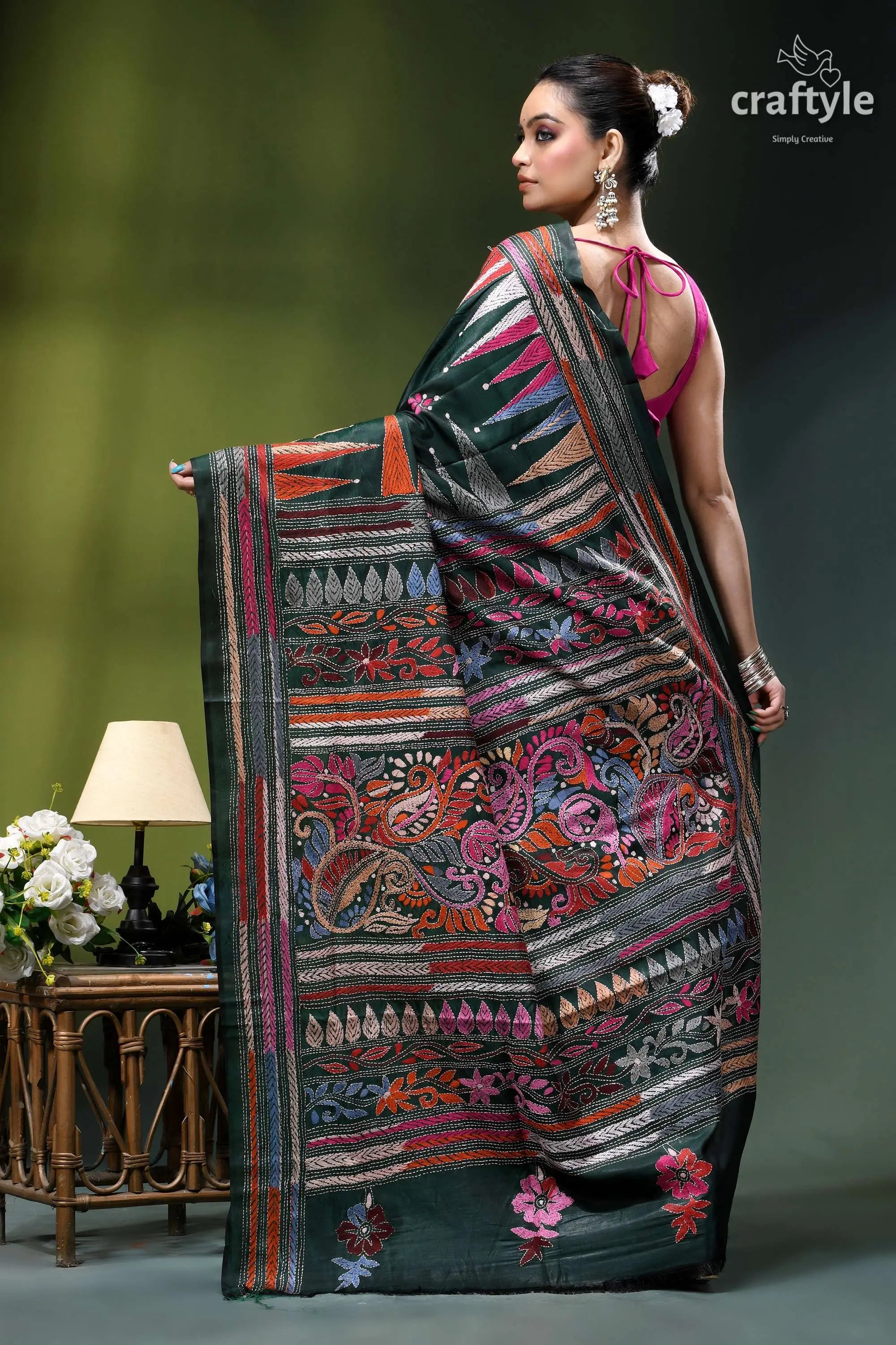 Timber green multi-thread embroidery designer silk kantha saree dark green hand-embroidered saree intricate 6