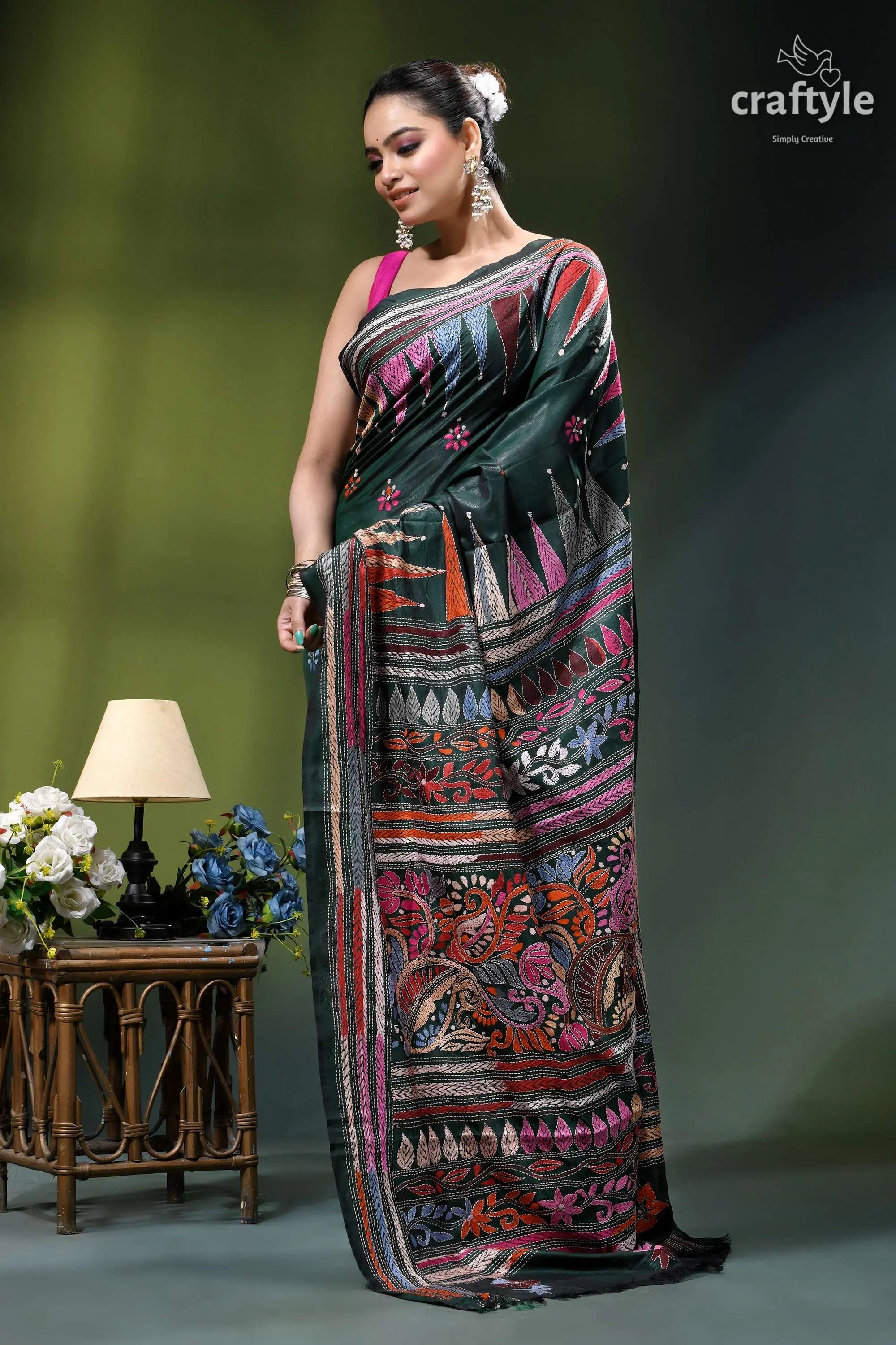 Timber green multi-thread embroidery designer silk kantha saree dark green silk saree adorned 5