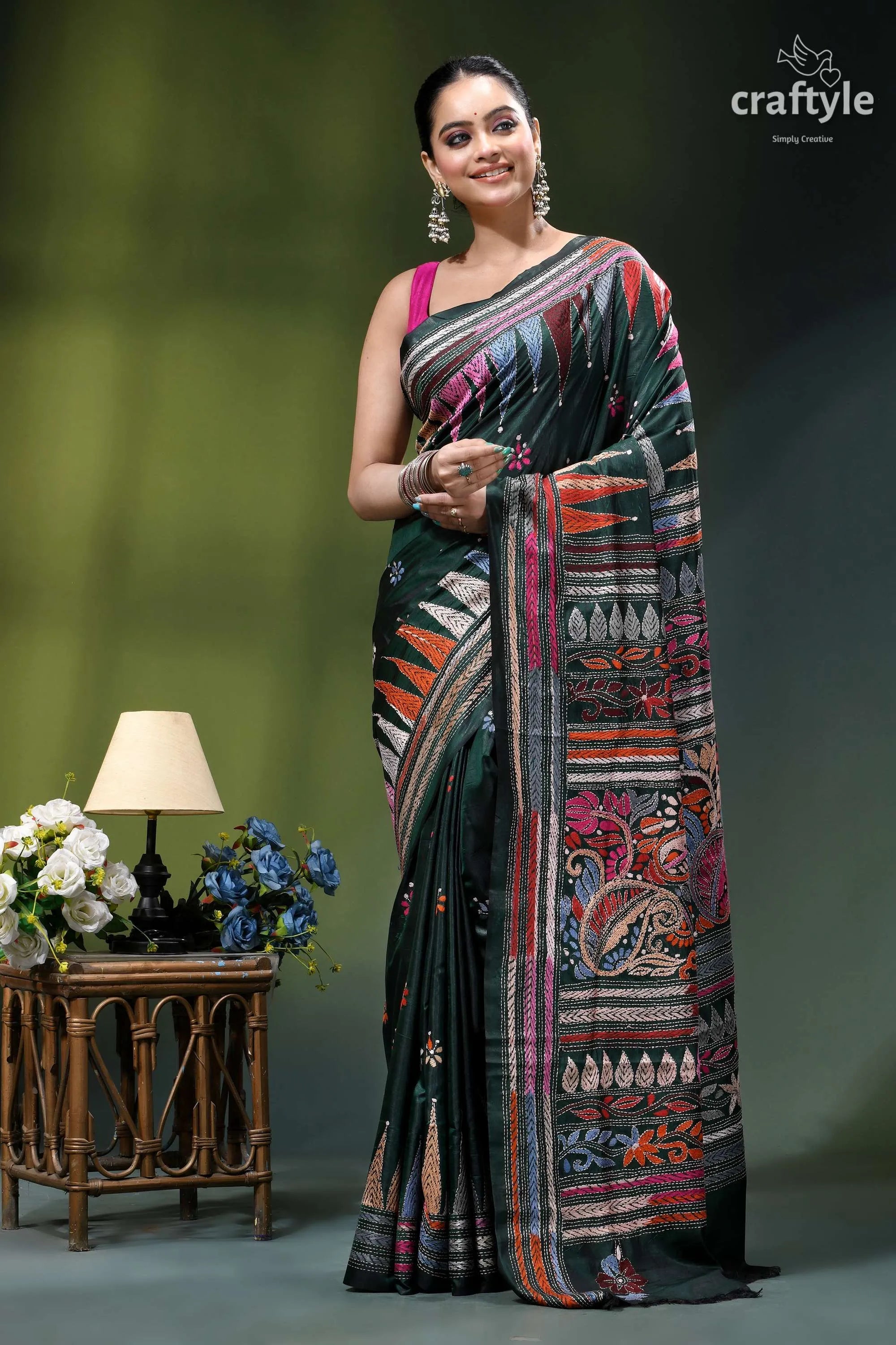 Timber green multi-thread embroidery designer silk kantha saree dark green saree intricate colorful 7