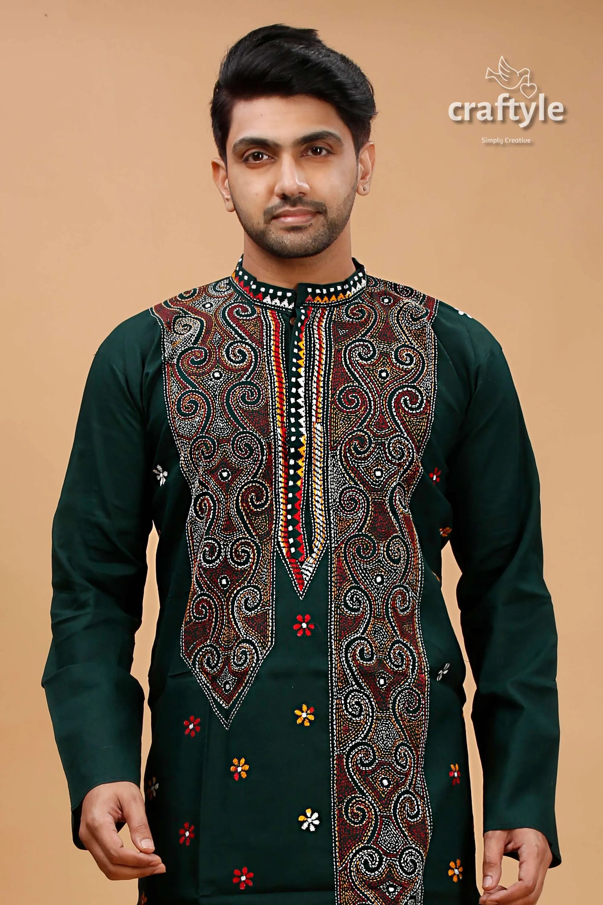Timber green multithread hand embroidered kantha mens kurta dark intricate 2