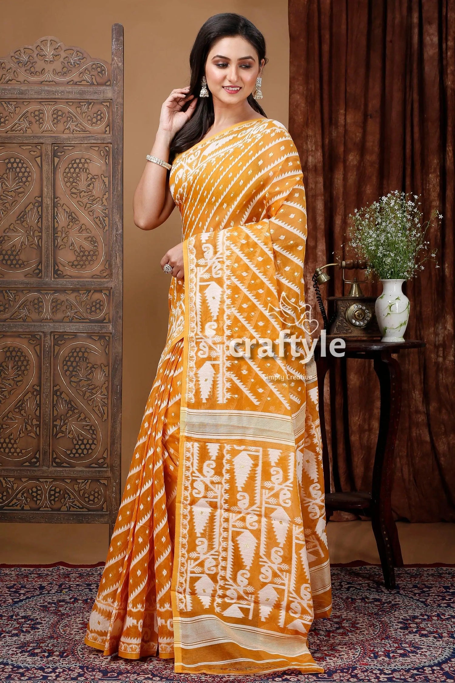 Timeless earth yellow and white jamdani saree - traditional artistry woman yellow white patterned saree 3