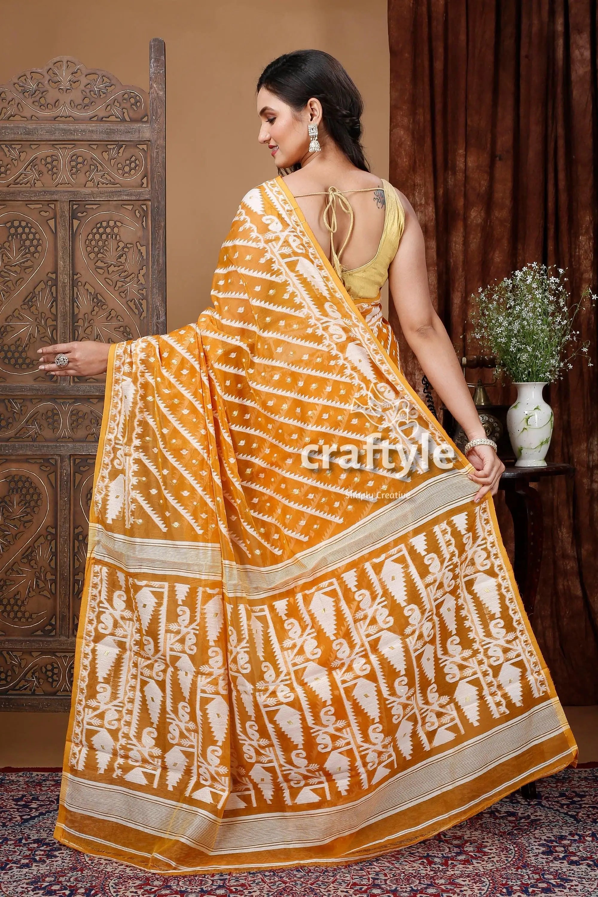 Timeless earth yellow and white jamdani saree - traditional artistry woman yellow white patterned saree 5