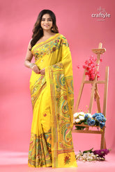 Titanium yellow silk kantha work saree with fish motif woman bright yellow saree intricate 1