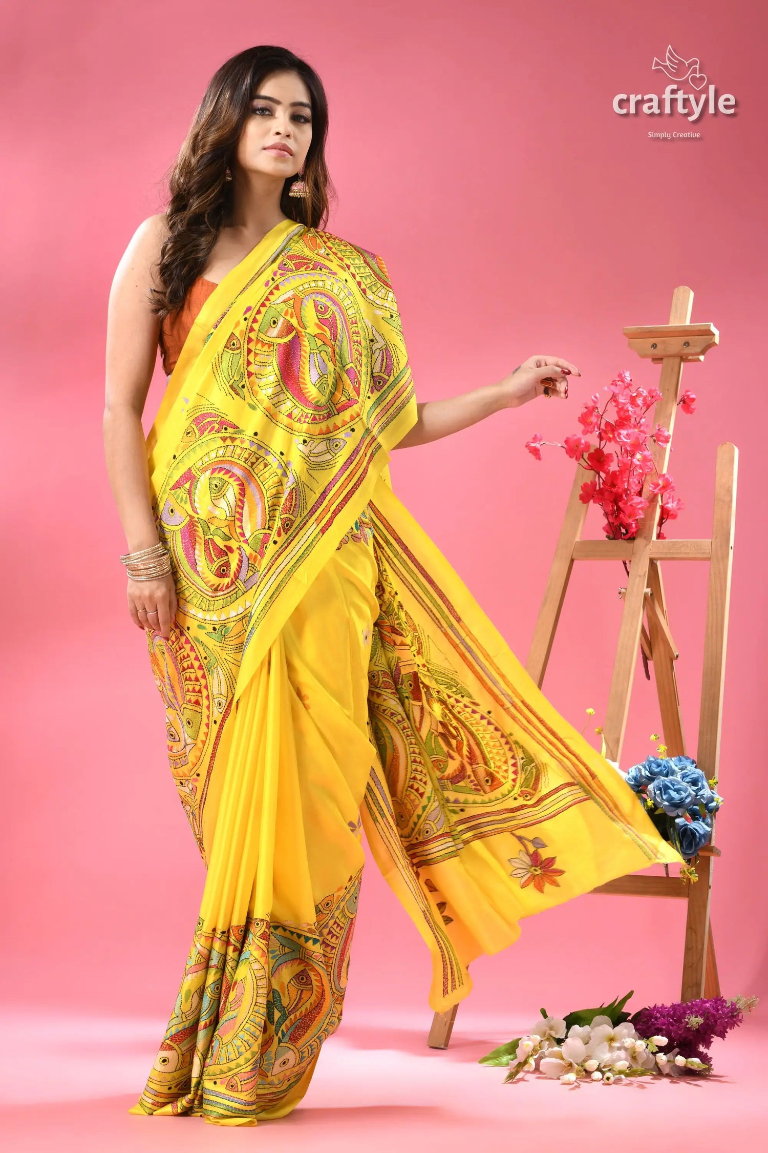 Titanium yellow silk kantha work saree with fish motif yellow saree colorful folk art 3
