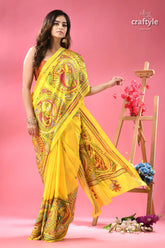 Titanium yellow silk kantha work saree with fish motif yellow saree colorful folk art 3