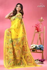 Titanium yellow silk kantha work saree with fish motif yellow silk saree colorful embroidered 4