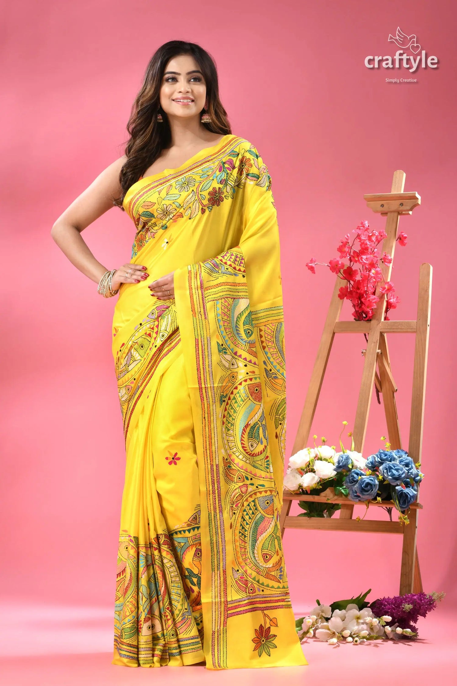 Titanium yellow silk kantha work saree with fish motif yellow silk saree intricate hand painted 6