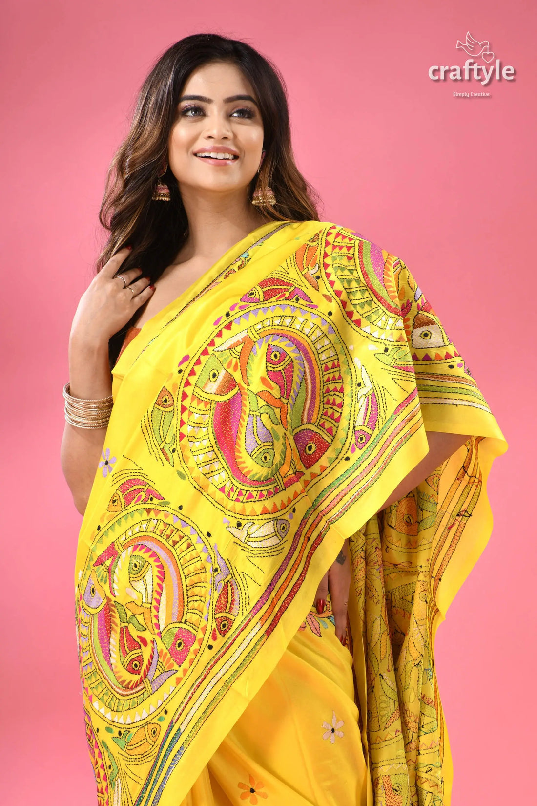 Titanium yellow silk kantha work saree with fish motif yellow saree colorful circular fish 2