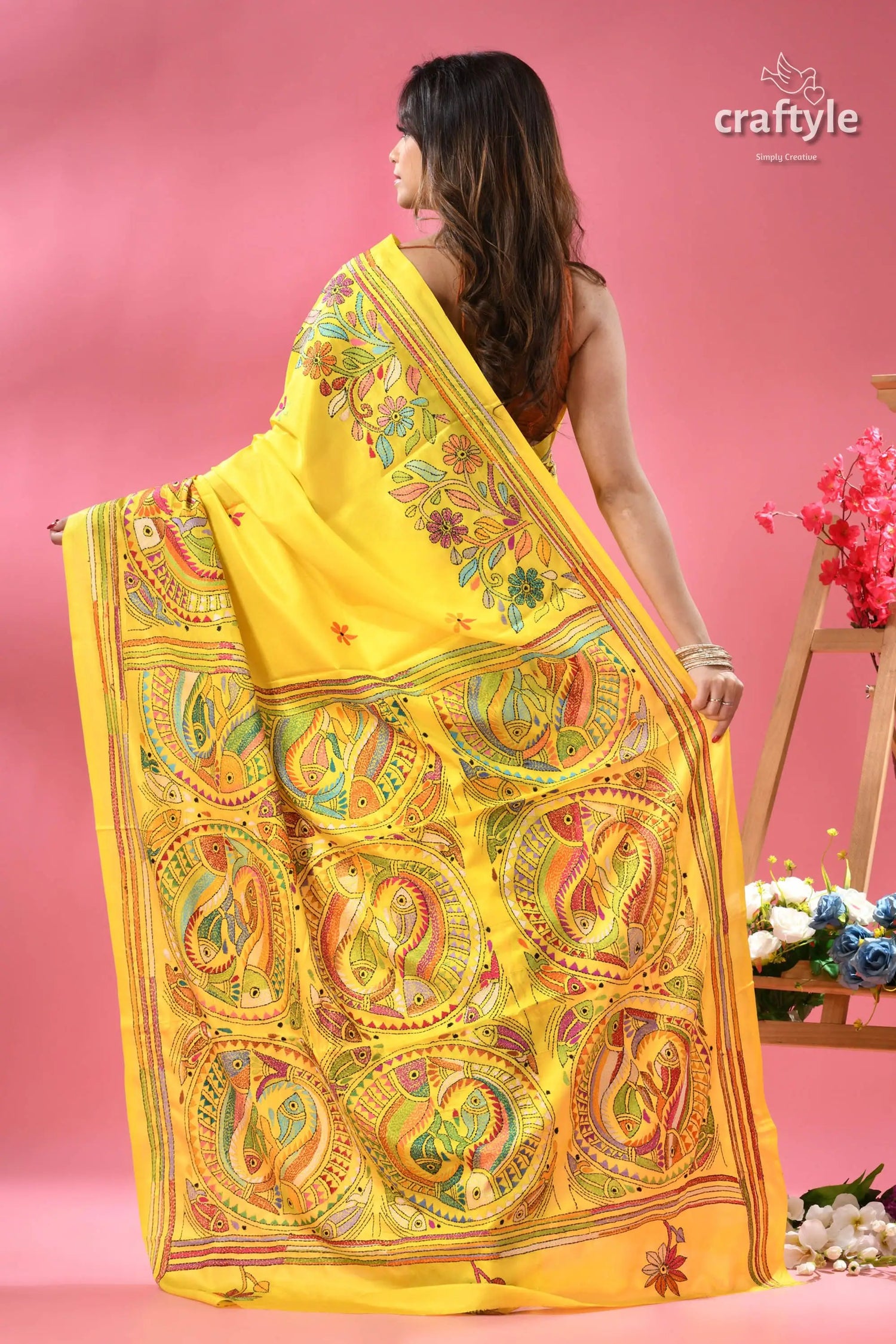 Titanium yellow silk kantha work saree with fish motif woman yellow saree colorful intricate 5