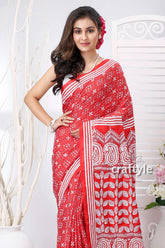 Tomato red and white bengal heritage silk kantha stitch saree red white patterned saree 2