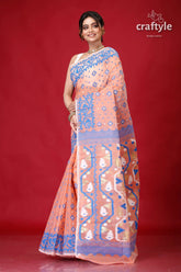 Tonys pink exclusive handloom jamdani sari peach saree blue accents 3