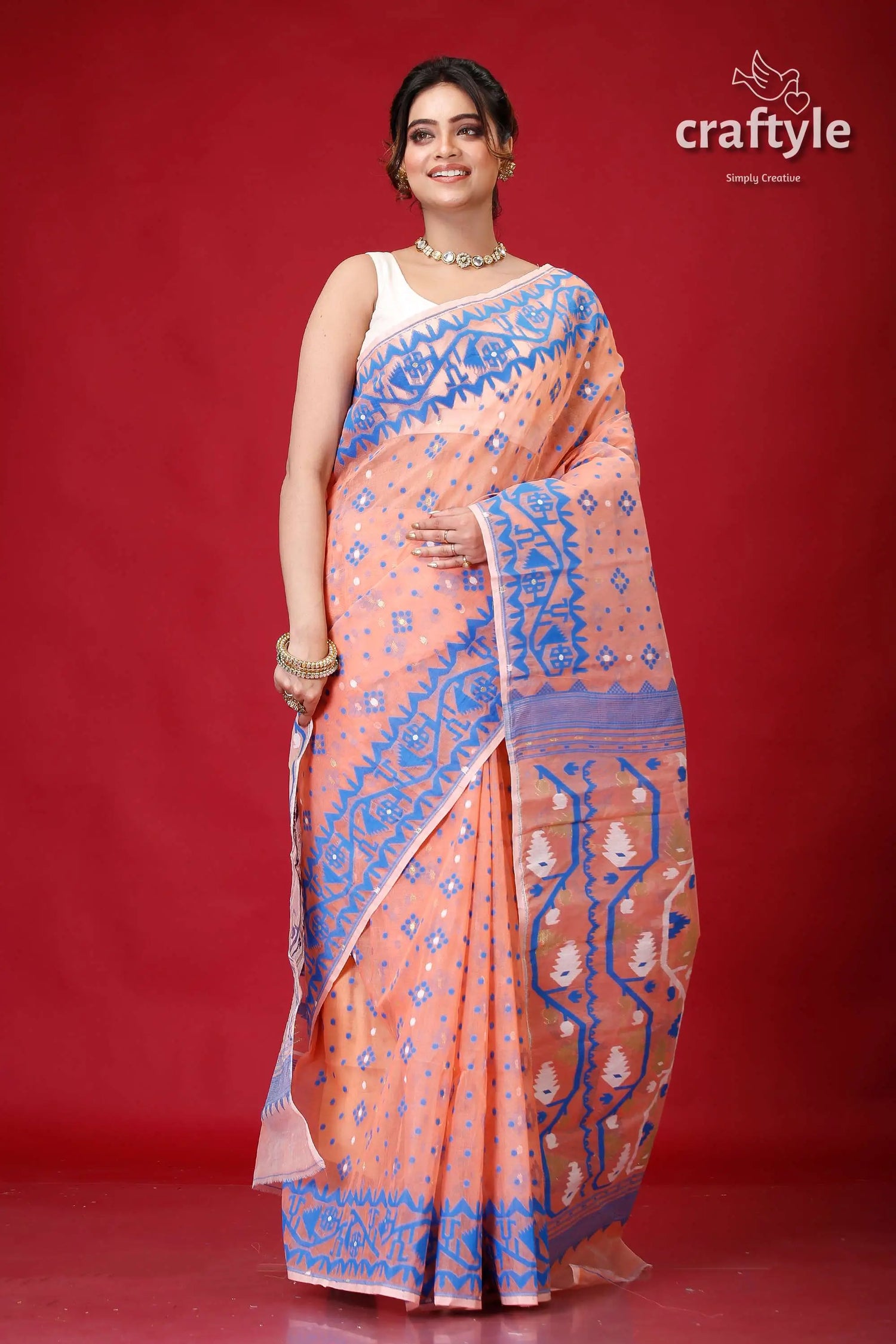 Tonys pink exclusive handloom jamdani sari peach-colored saree blue embroidery 4