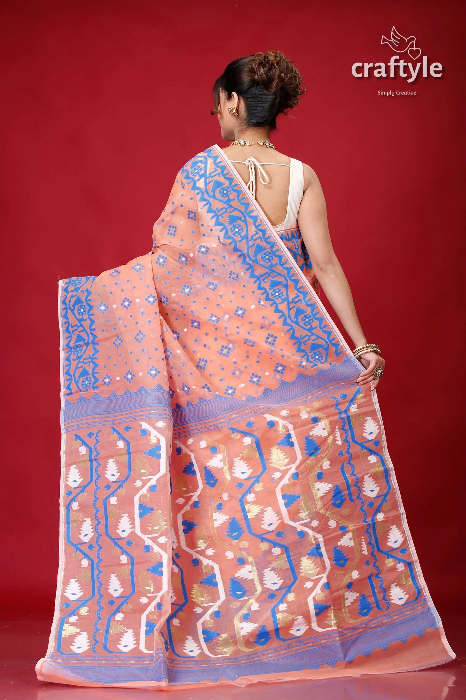 Tonys pink exclusive handloom jamdani sari peach-colored saree blue white patterns 5