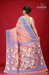 Tonys pink exclusive handloom jamdani sari peach-colored saree blue white patterns 5