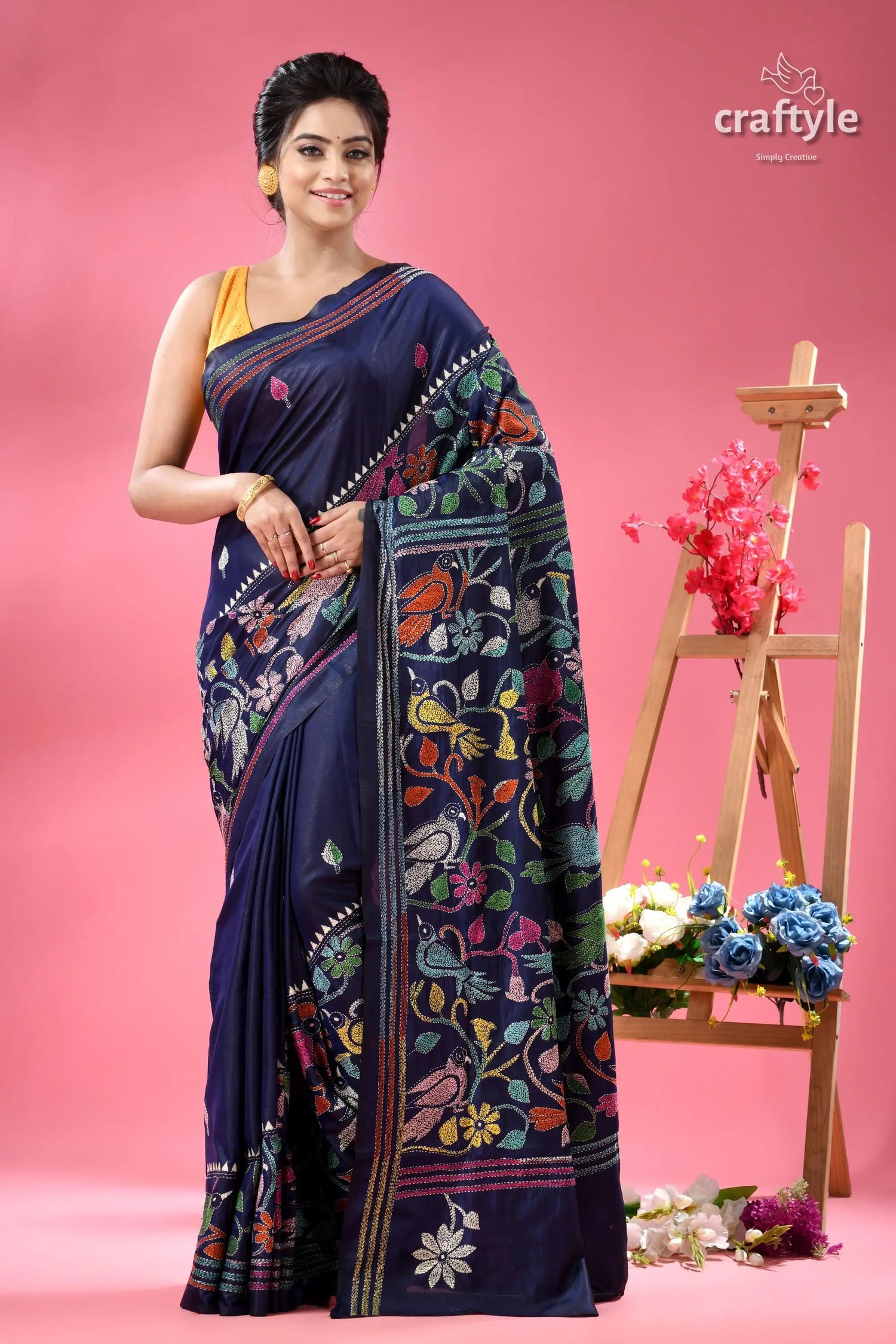 Tory blue bird motif handmdade silk kantha saree navy blue saree multicolored floral 1