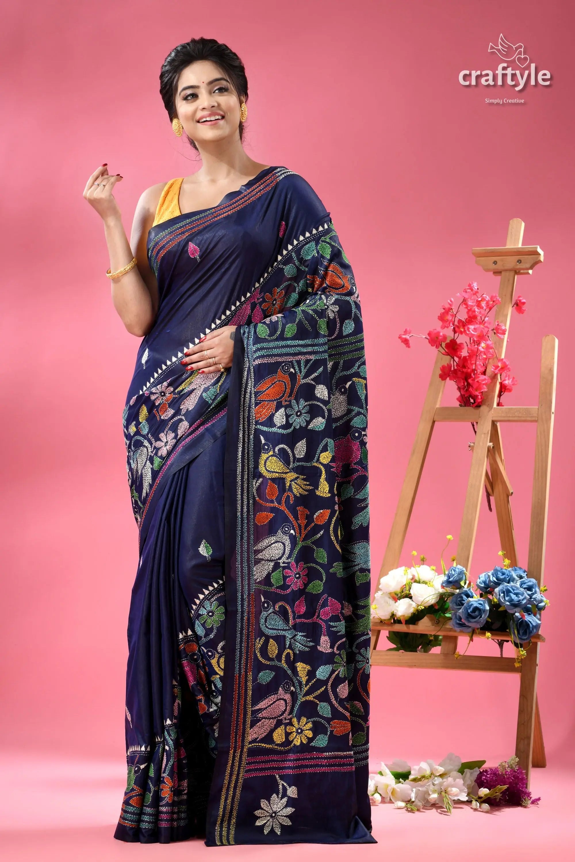 Tory blue bird motif handmdade silk kantha saree woman models navy blue saree 6