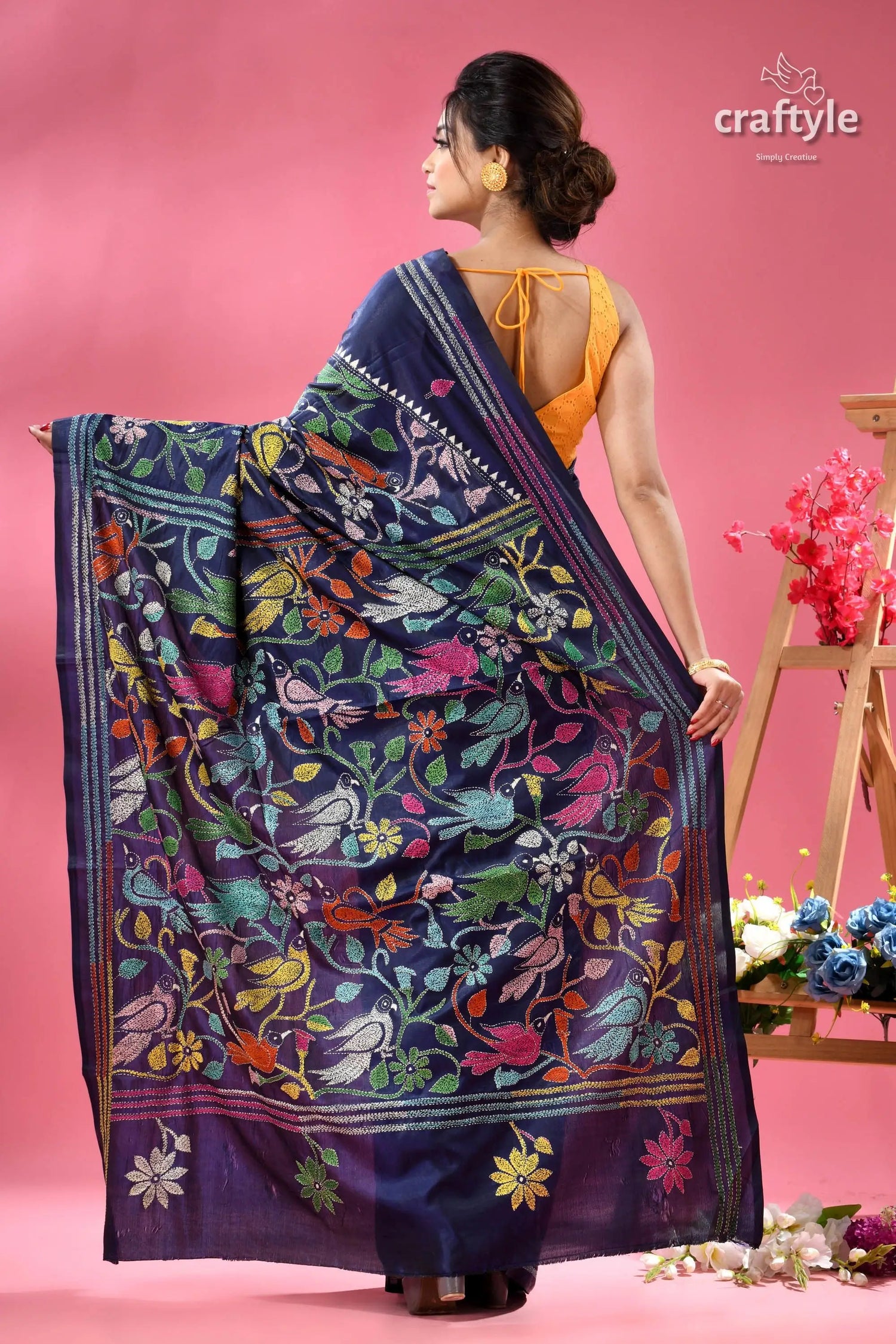 Tory blue bird motif handmdade silk kantha saree navy blue sari colorful floral 5