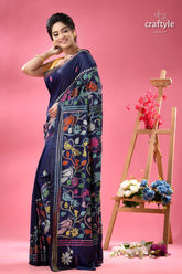 Tory blue bird motif handmdade silk kantha saree navy blue saree multicolored floral 4