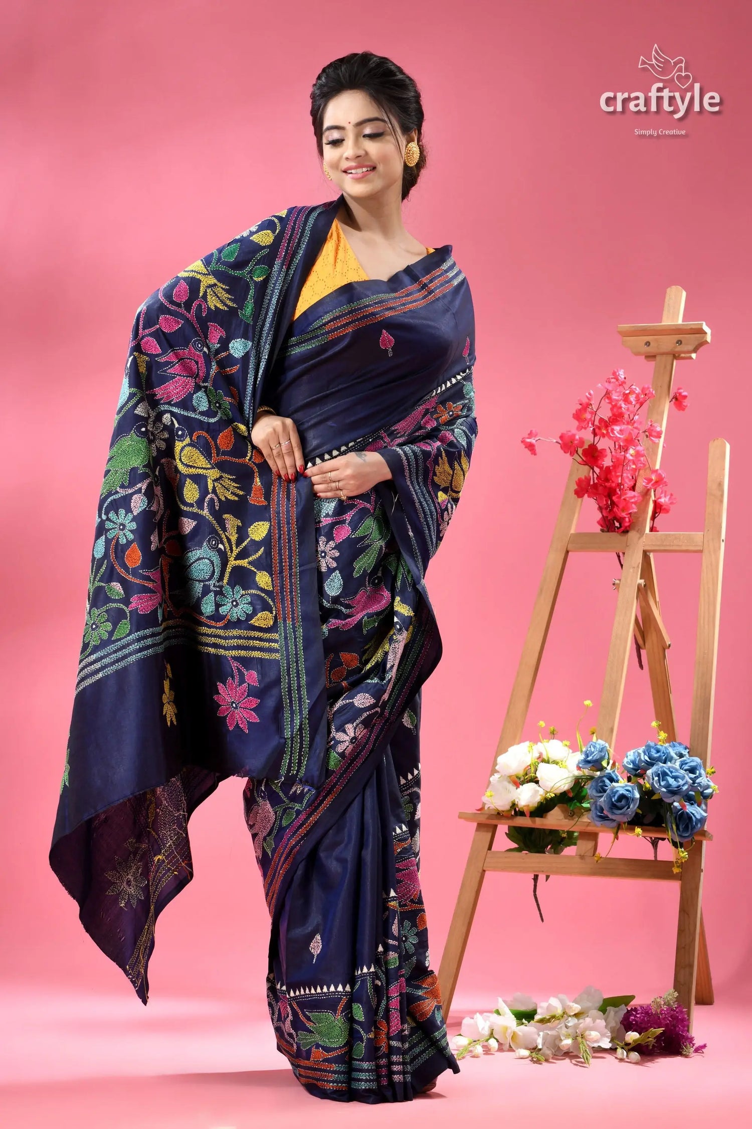Tory blue bird motif handmdade silk kantha saree navy blue silk saree colorful 3