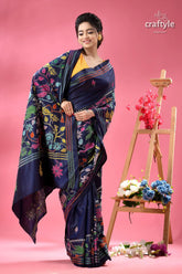 Tory blue bird motif handmdade silk kantha saree navy blue silk saree colorful 3