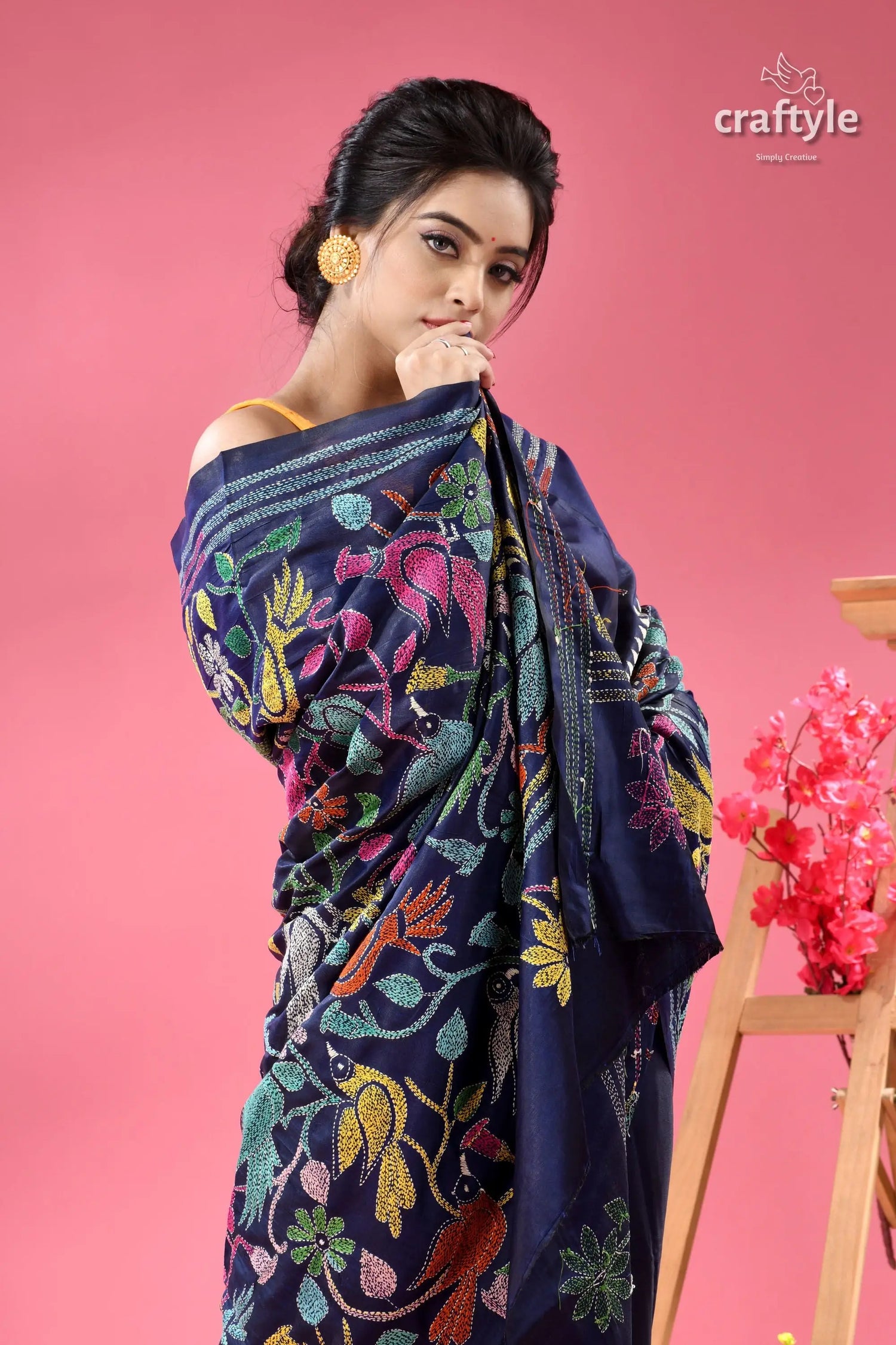 Tory blue bird motif handmdade silk kantha saree dark blue saree vibrant multicolored 2