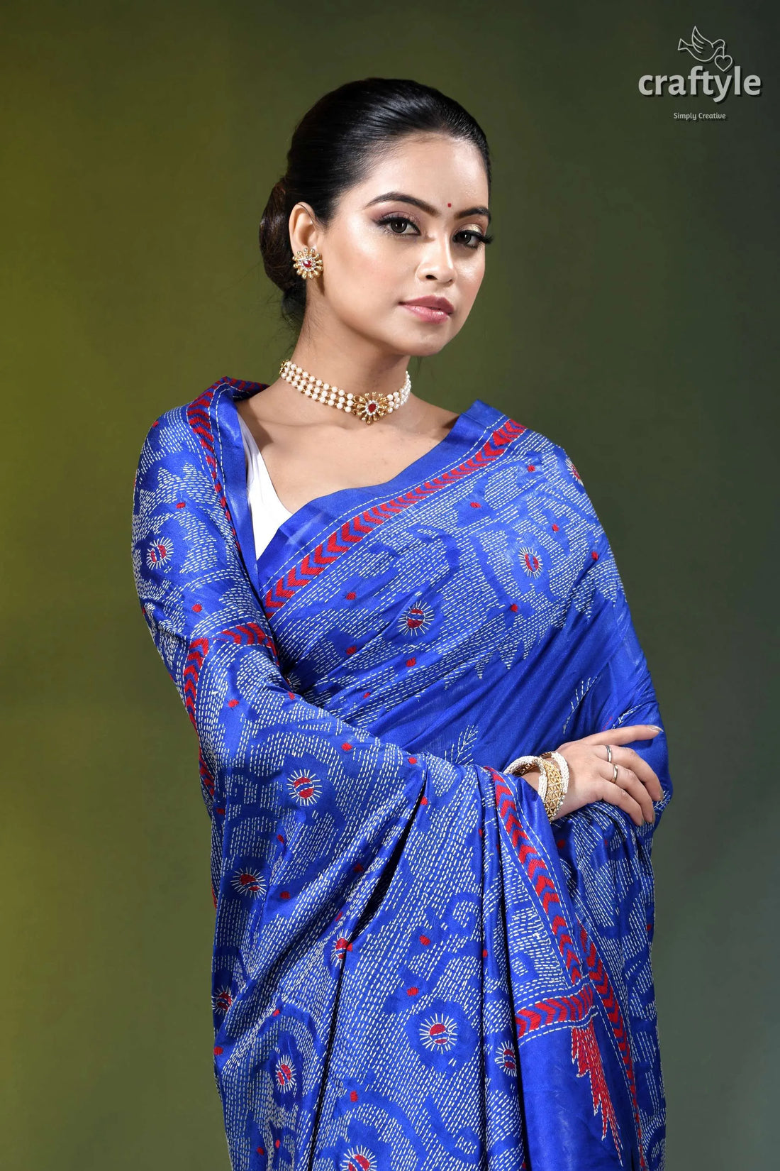 Tory blue jamdani design handmade silk kantha saree woman wears vibrant royal blue 2