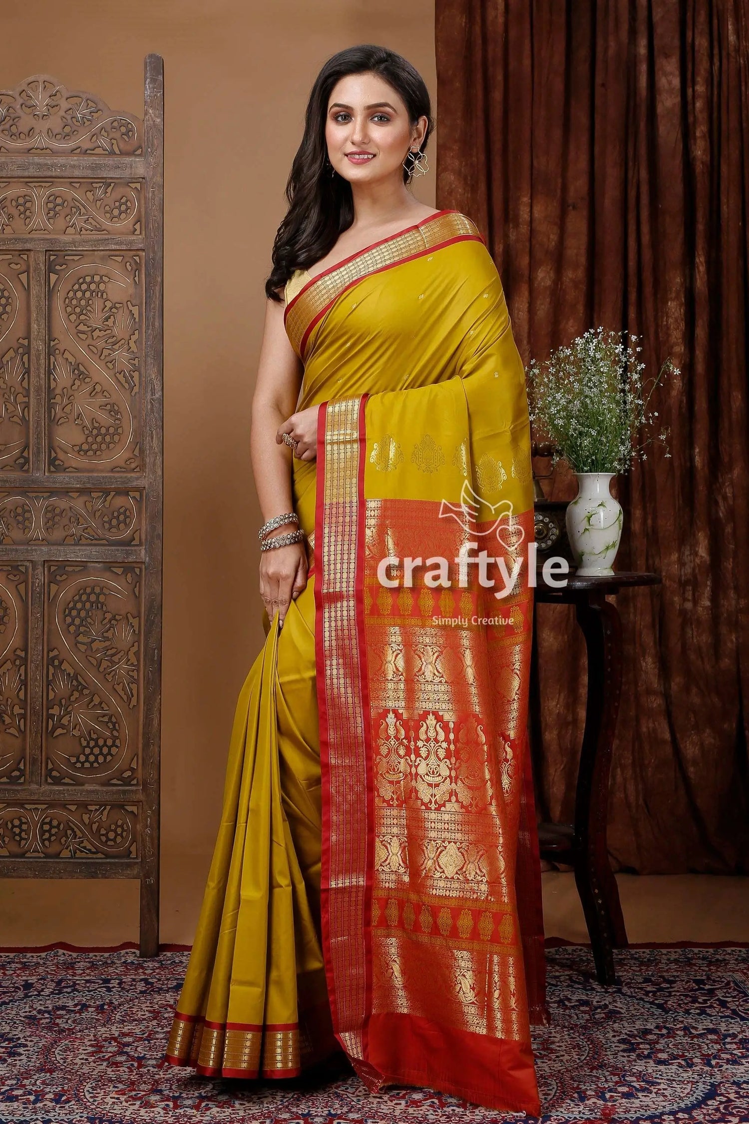 Traditional corn yellow bomkai silk saree with zari border yellow saree red gold border 3