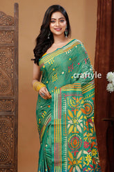 Traditional forest green silk kantha saree for women green embroidered saree 2