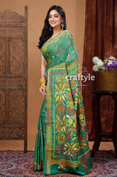 Traditional forest green silk kantha saree for women green floral embroidered saree 3