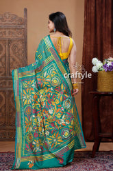 Traditional forest green silk kantha saree for women green floral embroidered saree 4