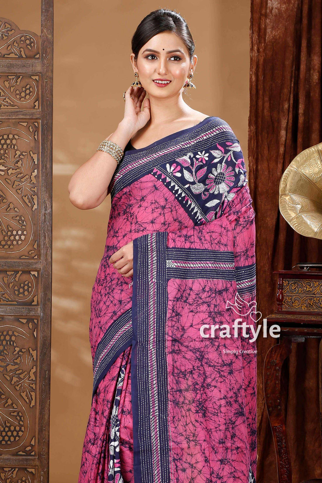 Traditional Handcrafted Batik Cotton Kantha Saree-Craftyle