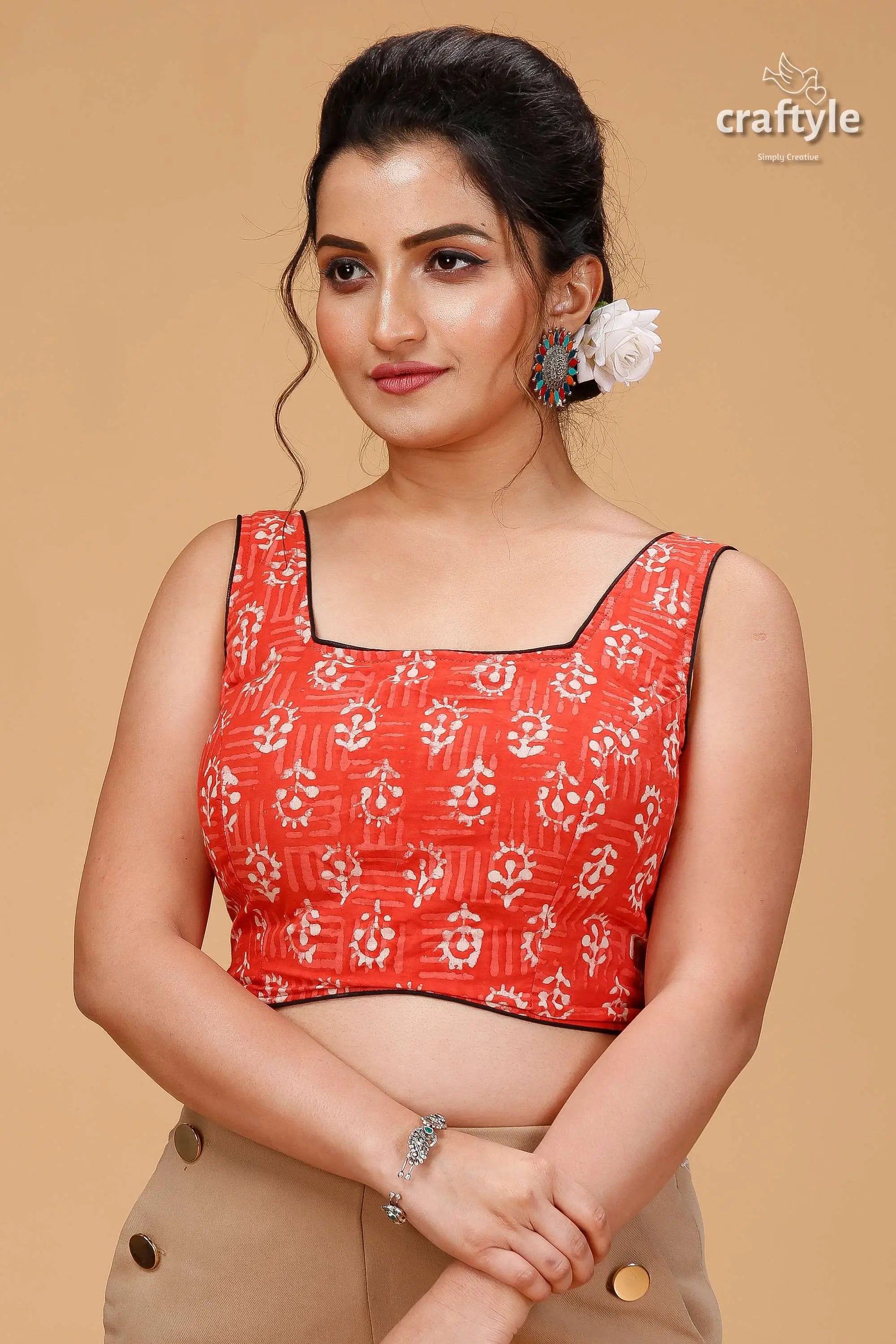 Traditional pastel red dabu print blouse on pure cotton woman red white patterned sleeveless 1